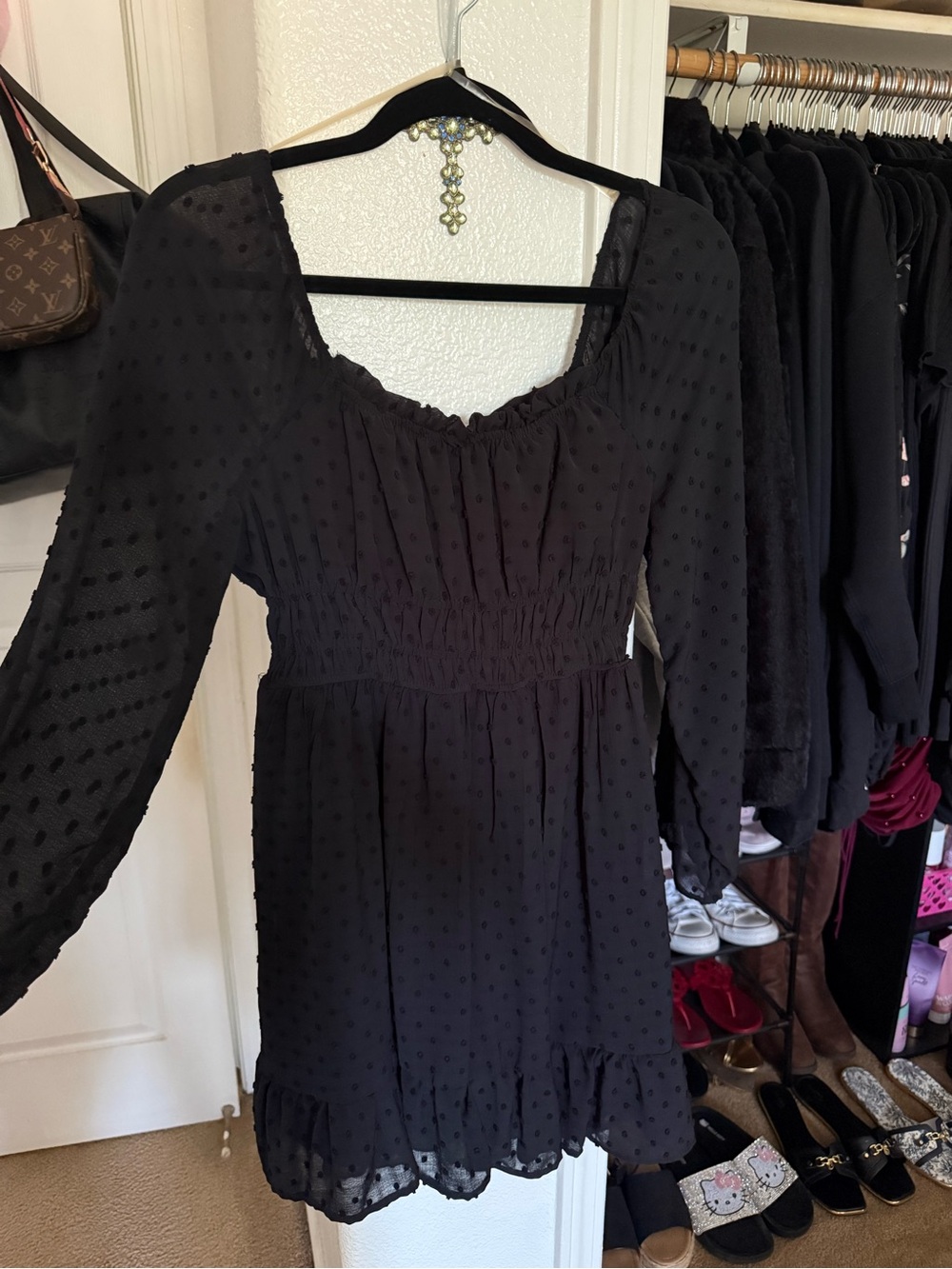 Women's Black Swiss Dot Long Sleeve Dress